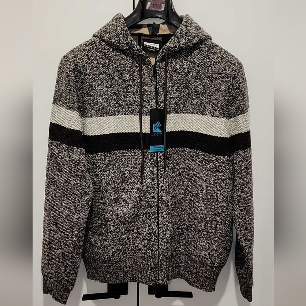 Men's Brown and Cream Striped Sweater/Jacket